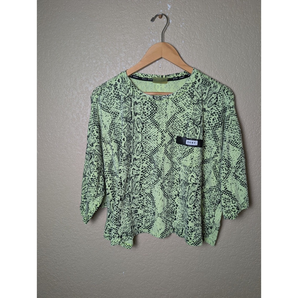 DKNY Snake Pring Green And Black Logo Pocket Y2K Short Sleeve Crop Tshirt Sz L